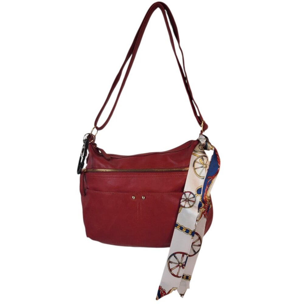 Red Crossbody/Shoulder Bag, Faux Leather, Zip Closure, Pockets, Adjustable Strap